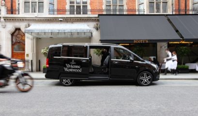 Mercedes V-Class chauffeur car outside Scotts in London