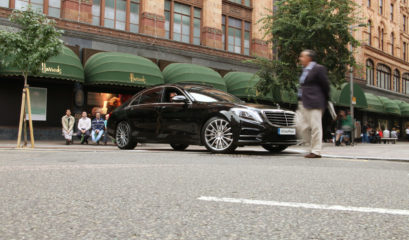 S-class Mercedes parked outside Harrods in London