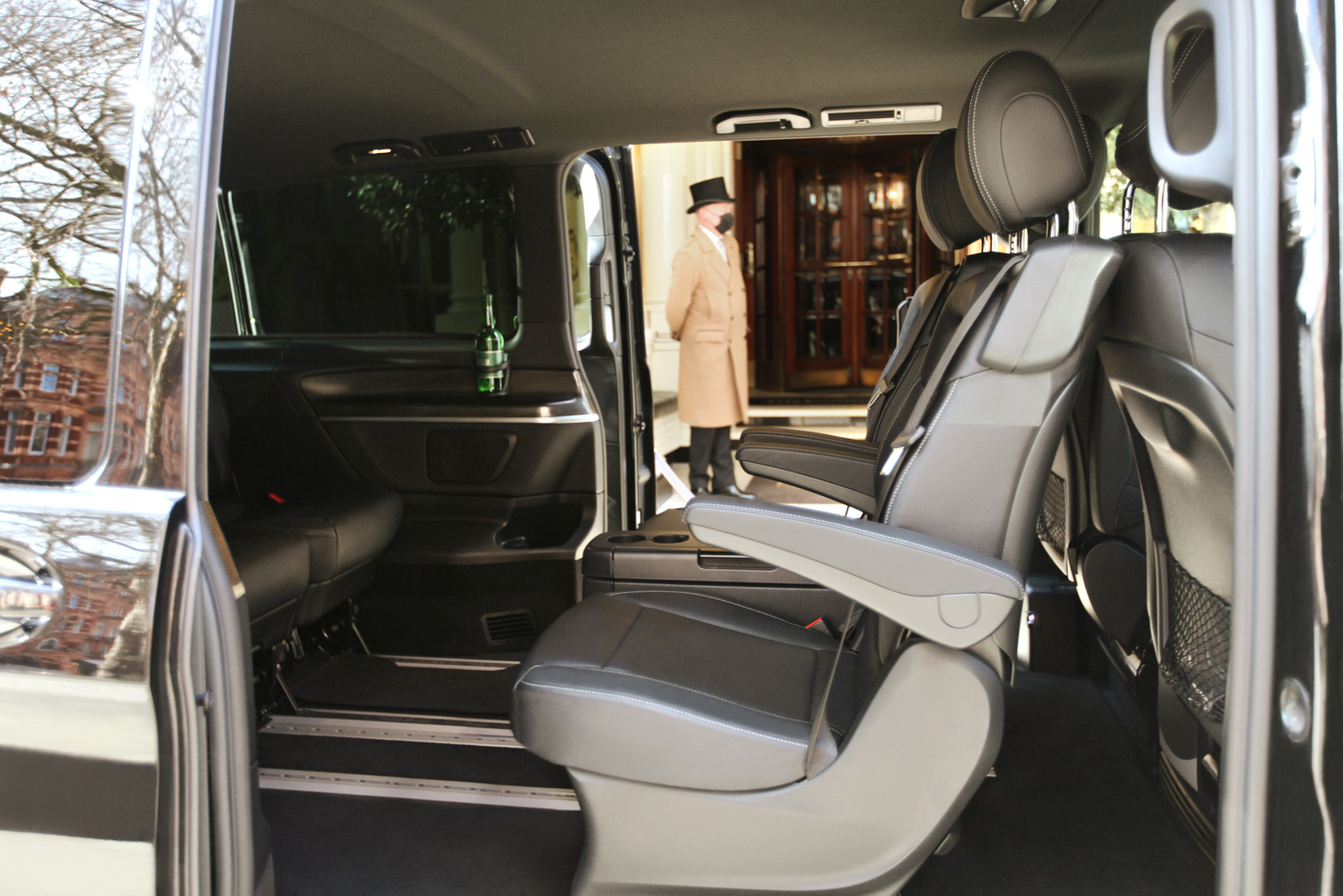 Mercedes EQV chauffeur car interior outside Connaught in Mayfair, London