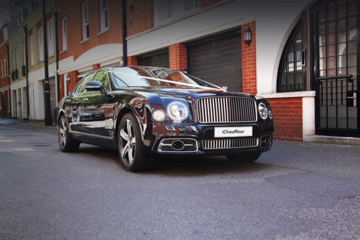 Bentley Mulsanne wedding car in blue with wedding ribbons