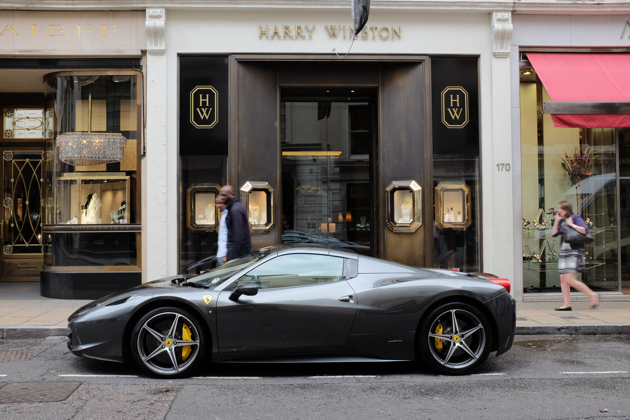 London, Bond Street shops, Ferrari parked in street