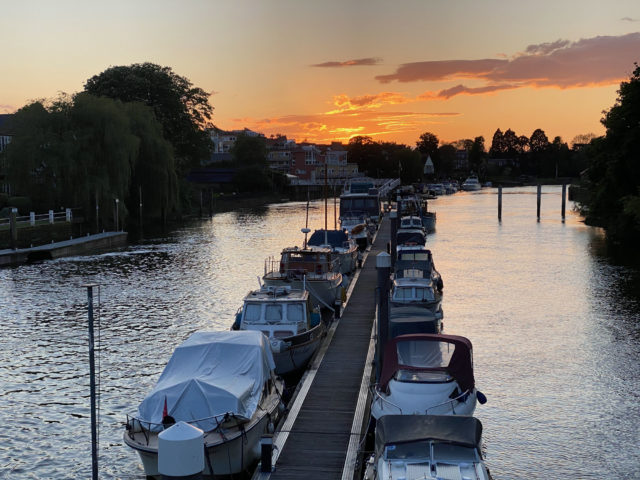 Teddington Lock at sunset over the Thames