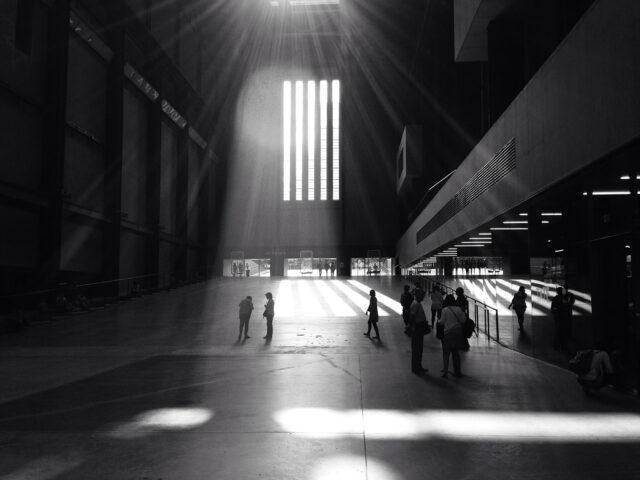 Tate Modern gallery entrance hall in black and white. London, UK