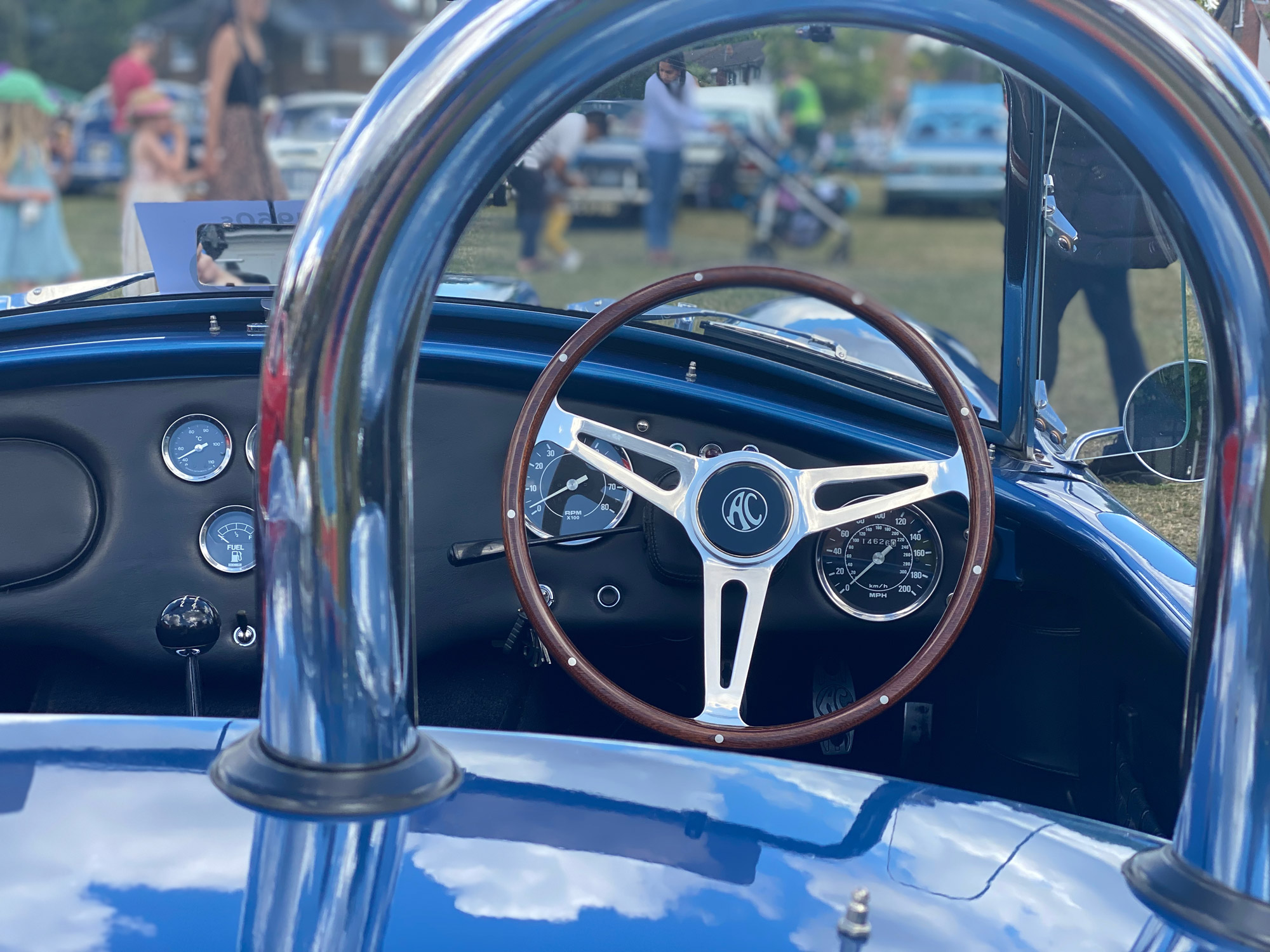 AC Shelby 427 Cobra 1968 steering wheel, roll bar and cockpit.