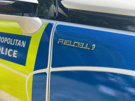 Fuel cell sign on Toyota Mirai hydrogen police car