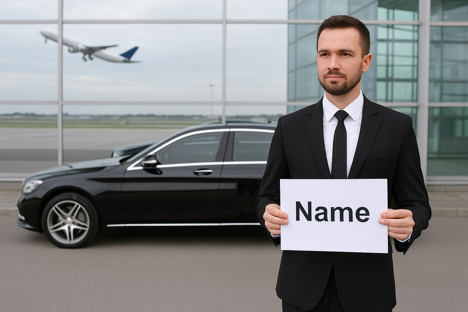 Chauffeur with name board at airport in front of Mercedes chauffeur car